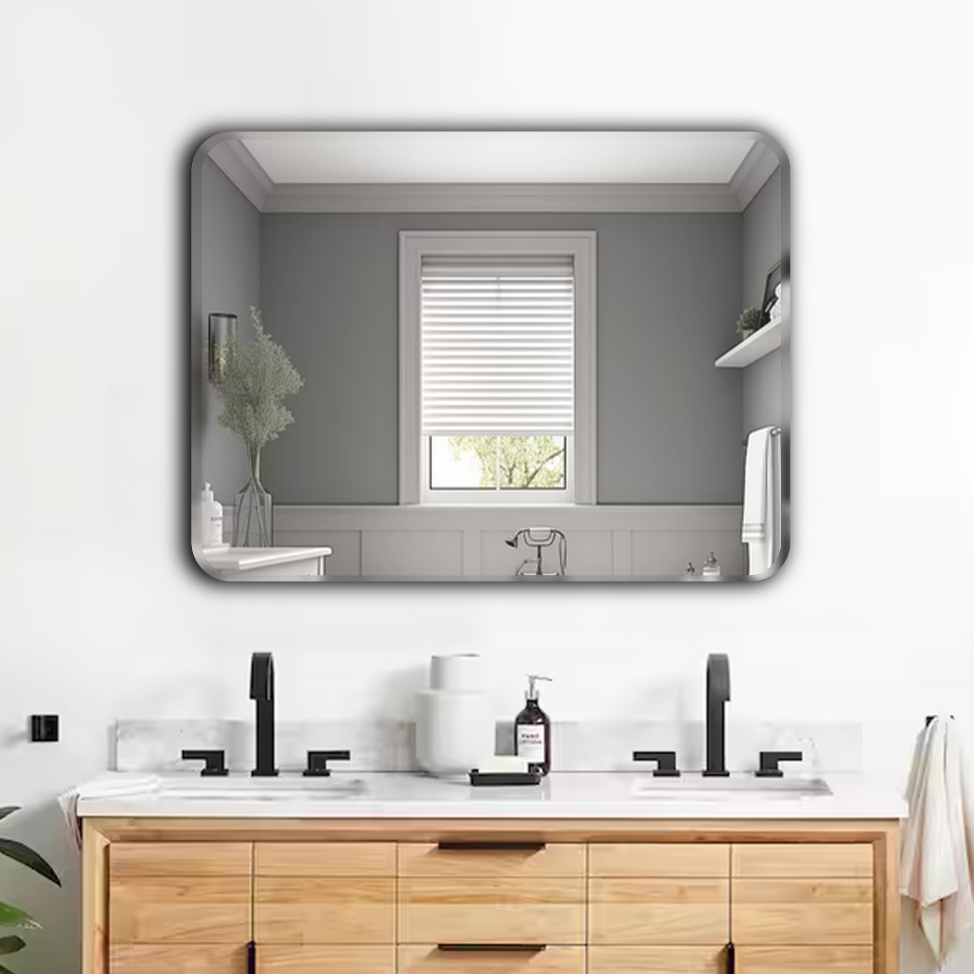 Germa Sanitarywares Curve Edge Rectangle Wall Mounted Unframed Mirror with Beveled Edges/Wall Mirror for Bathroom/Living Room/Bed Room/Dressing Room (18x24inch)