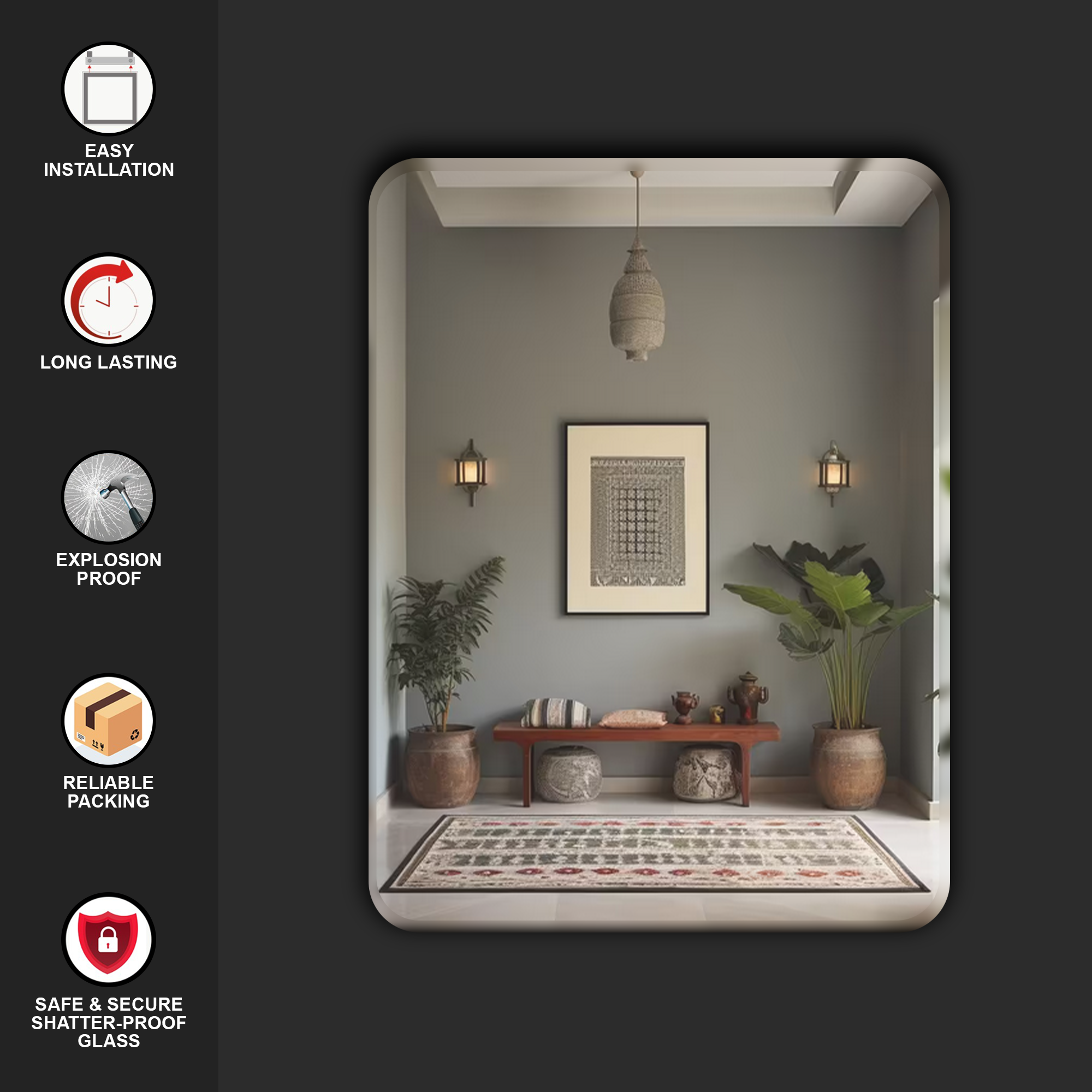 Germa Sanitarywares Curve Edge Rectangle Wall Mounted Unframed Mirror with Beveled Edges/Wall Mirror for Bathroom/Living Room/Bed Room/Dressing Room (18x24inch)