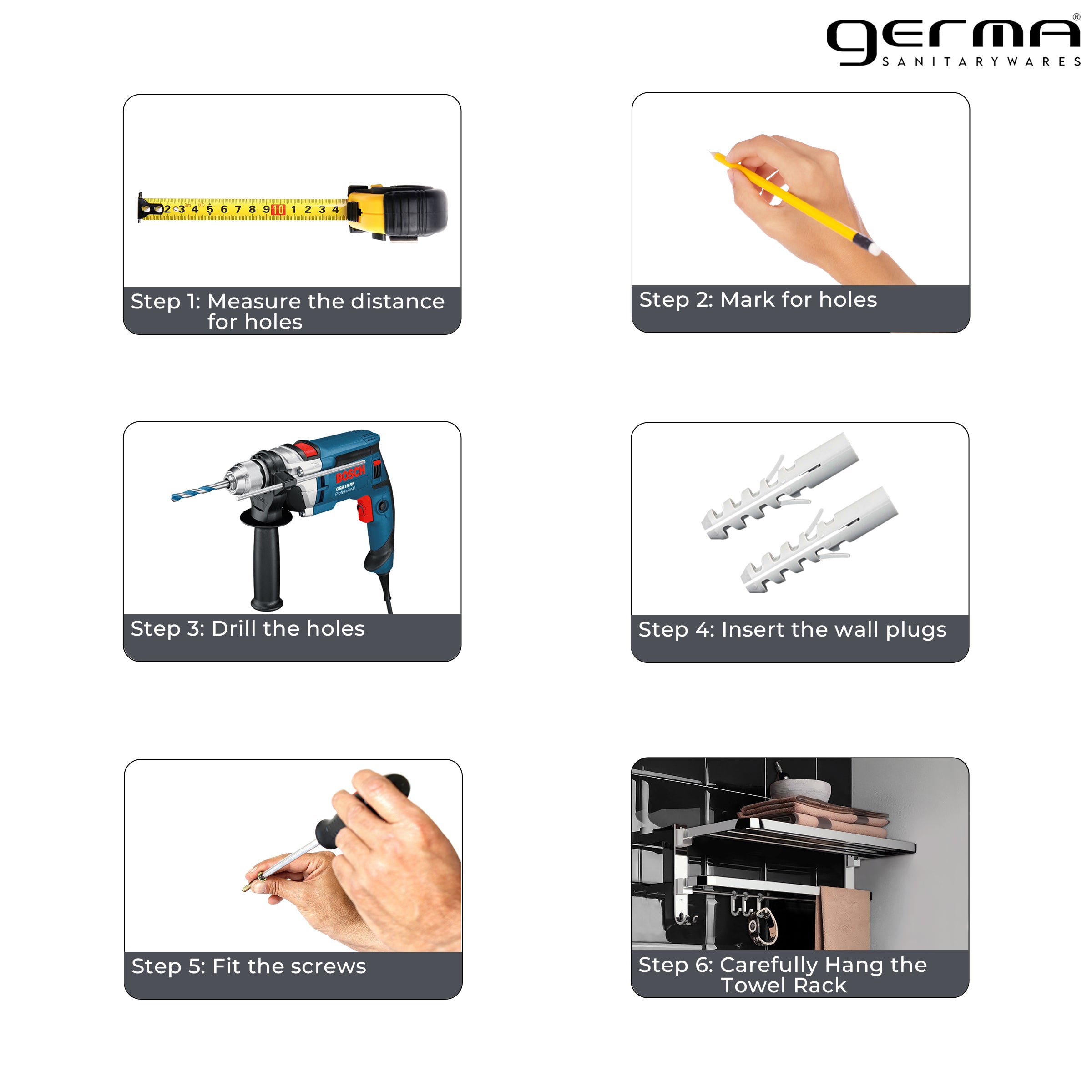 Germa 2-Tier 304 Foldable Stainless Steel Towel Rack for Bathroom | Wall Mounted Towel Holder with Movable Hooks | Space Saving Dual Shelf with Hanging Bar | Chrome 24inch