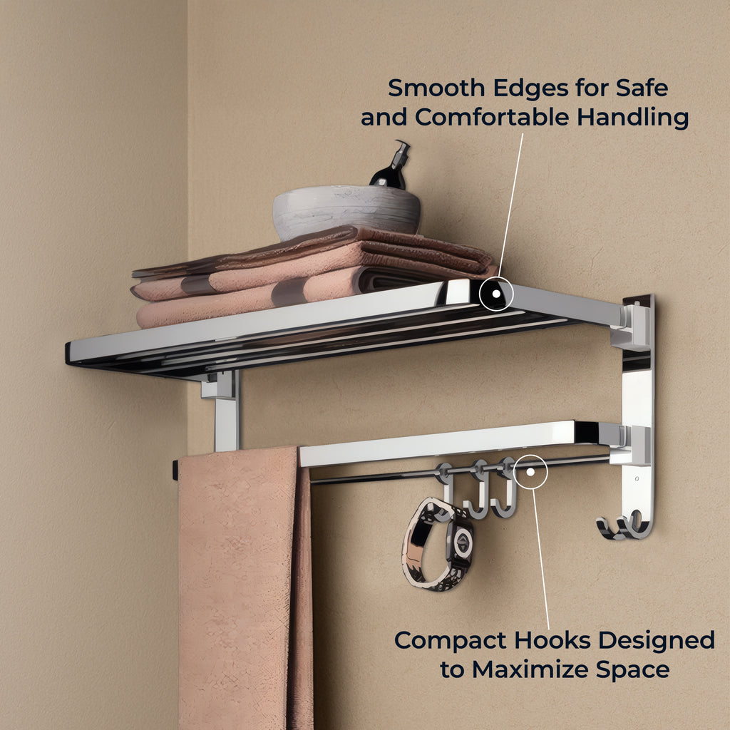Germa 2-Tier 304 Foldable Stainless Steel Towel Rack for Bathroom | Wall Mounted Towel Holder with Movable Hooks | Space Saving Dual Shelf with Hanging Bar | Chrome 24inch