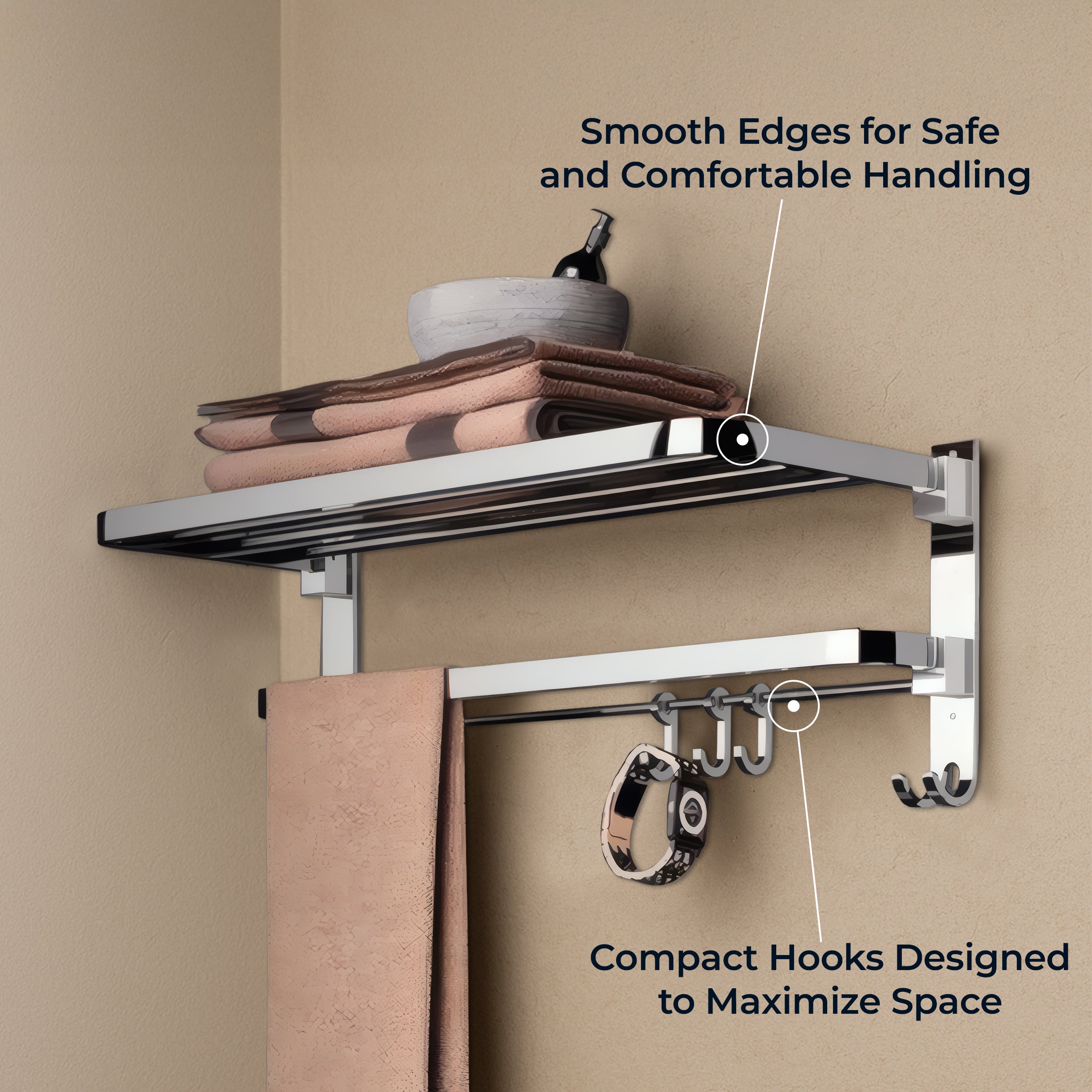 Germa 2-Tier 304 Foldable Stainless Steel Towel Rack for Bathroom | Wall Mounted Towel Holder with Movable Hooks | Space Saving Dual Shelf with Hanging Bar | Chrome 24inch