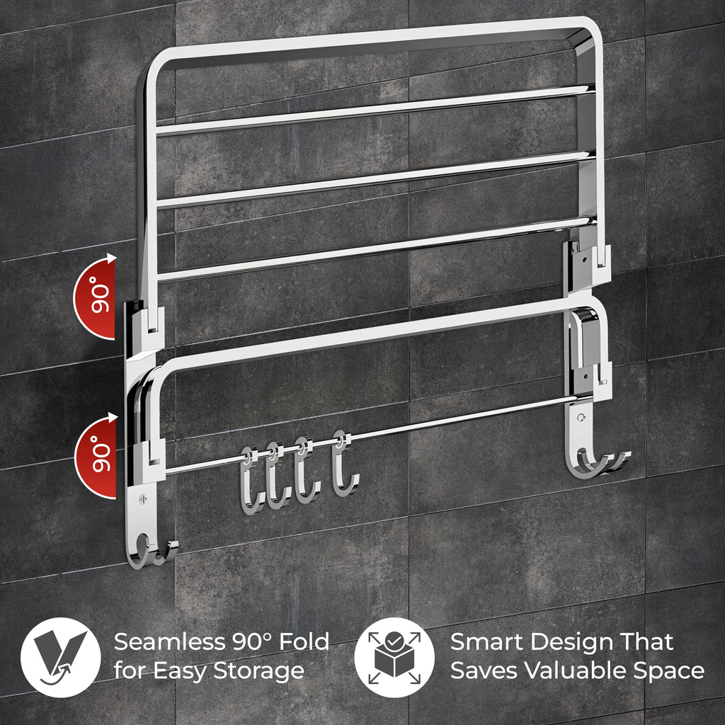 Germa 2-Tier 304 Foldable Stainless Steel Towel Rack for Bathroom | Wall Mounted Towel Holder with Movable Hooks | Space Saving Dual Shelf with Hanging Bar | Chrome 24inch