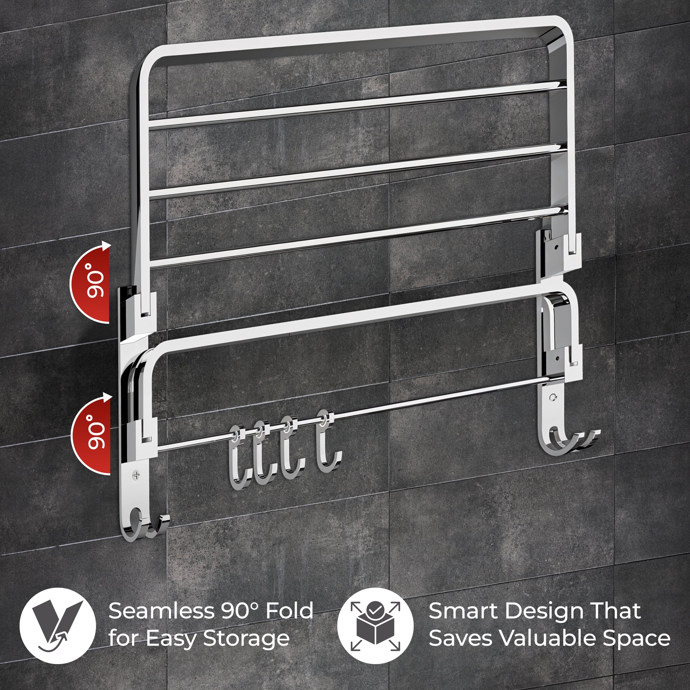 Germa 2-Tier 304 Foldable Stainless Steel Towel Rack for Bathroom | Wall Mounted Towel Holder with Movable Hooks | Space Saving Dual Shelf with Hanging Bar | Chrome 24inch
