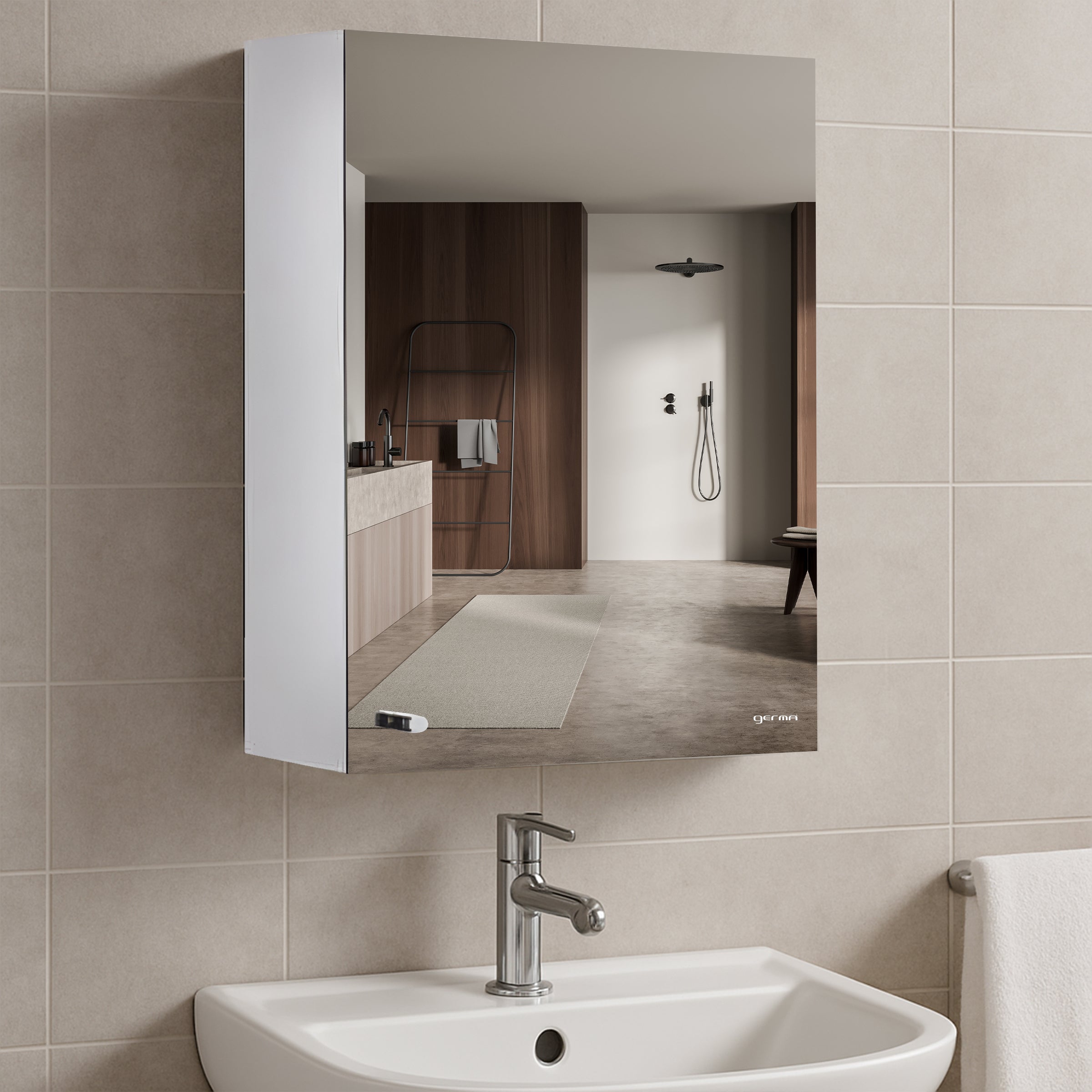 Germa Sanitarywares Premium 304 Grade Stainless Steel Bathroom Mirror Cabinet with Storage | Sleek Wall-Mounted Medicine Mirror Cabinet | Shelf with Mirror | Bathroom Organiser Chrome(16x24Inch)