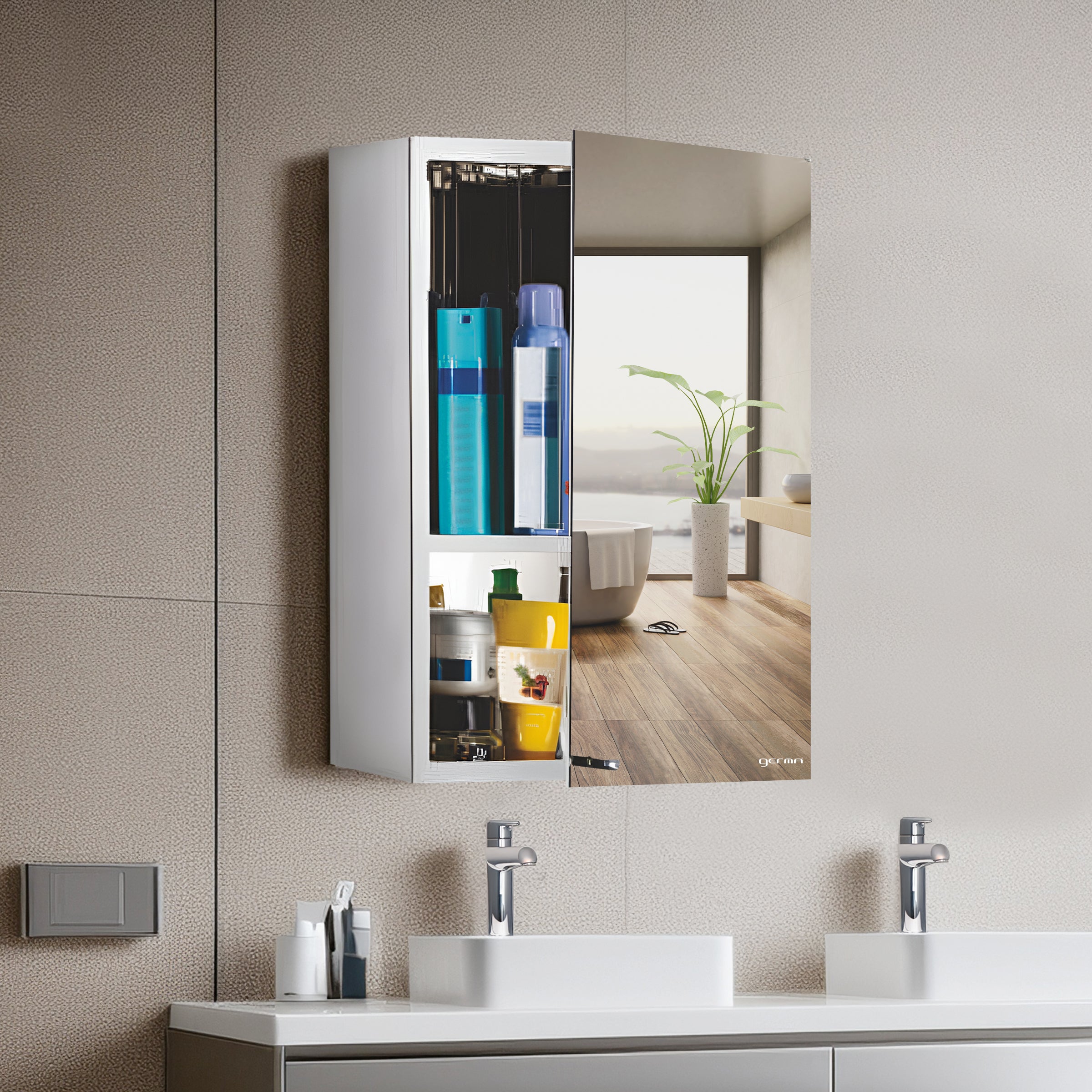 Germa Sanitarywares Premium 304 Grade Stainless Steel Bathroom Mirror Cabinet with Storage | Sleek Wall-Mounted Medicine Mirror Cabinet | Shelf with Mirror | Bathroom Organiser Chrome(16x24Inch)