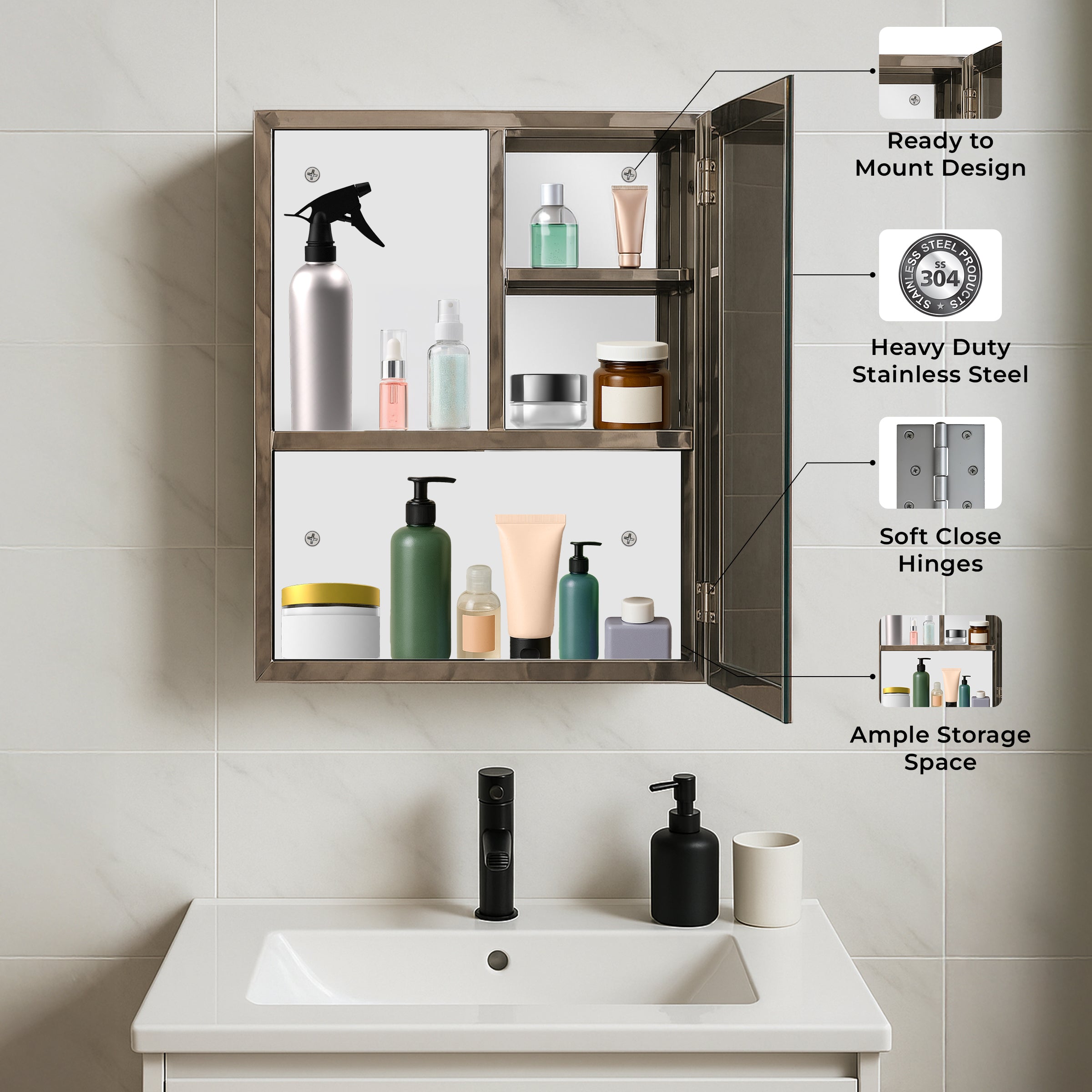 Germa Sanitarywares Premium 304 Grade Stainless Steel Bathroom Mirror Cabinet with Storage | Sleek Wall-Mounted Medicine Mirror Cabinet | Shelf with Mirror | Bathroom Organiser Chrome(16x24Inch)